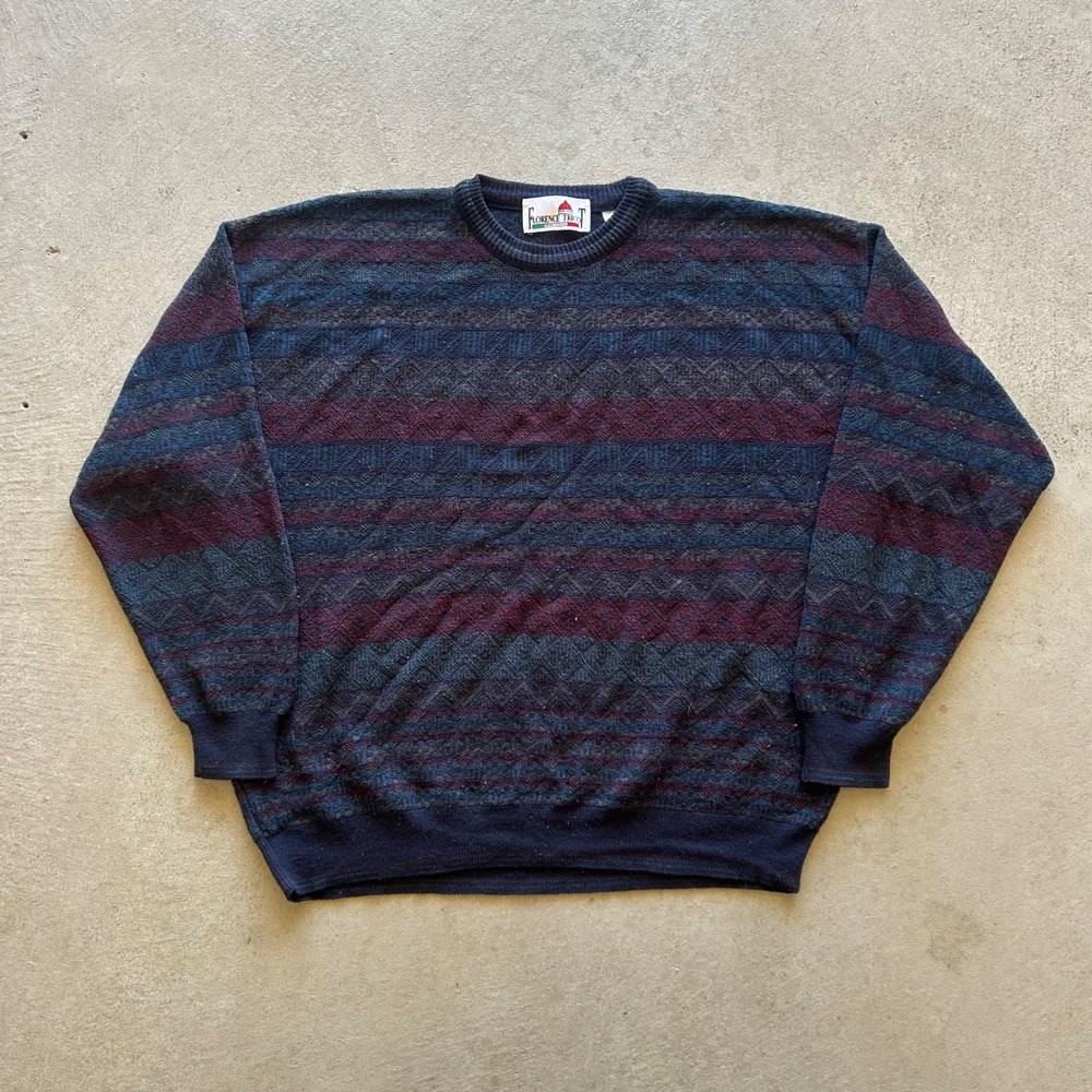Vintage 90s‎ Florence Tricot Striped Sweater Size XL Navy Blue Pullover Knit